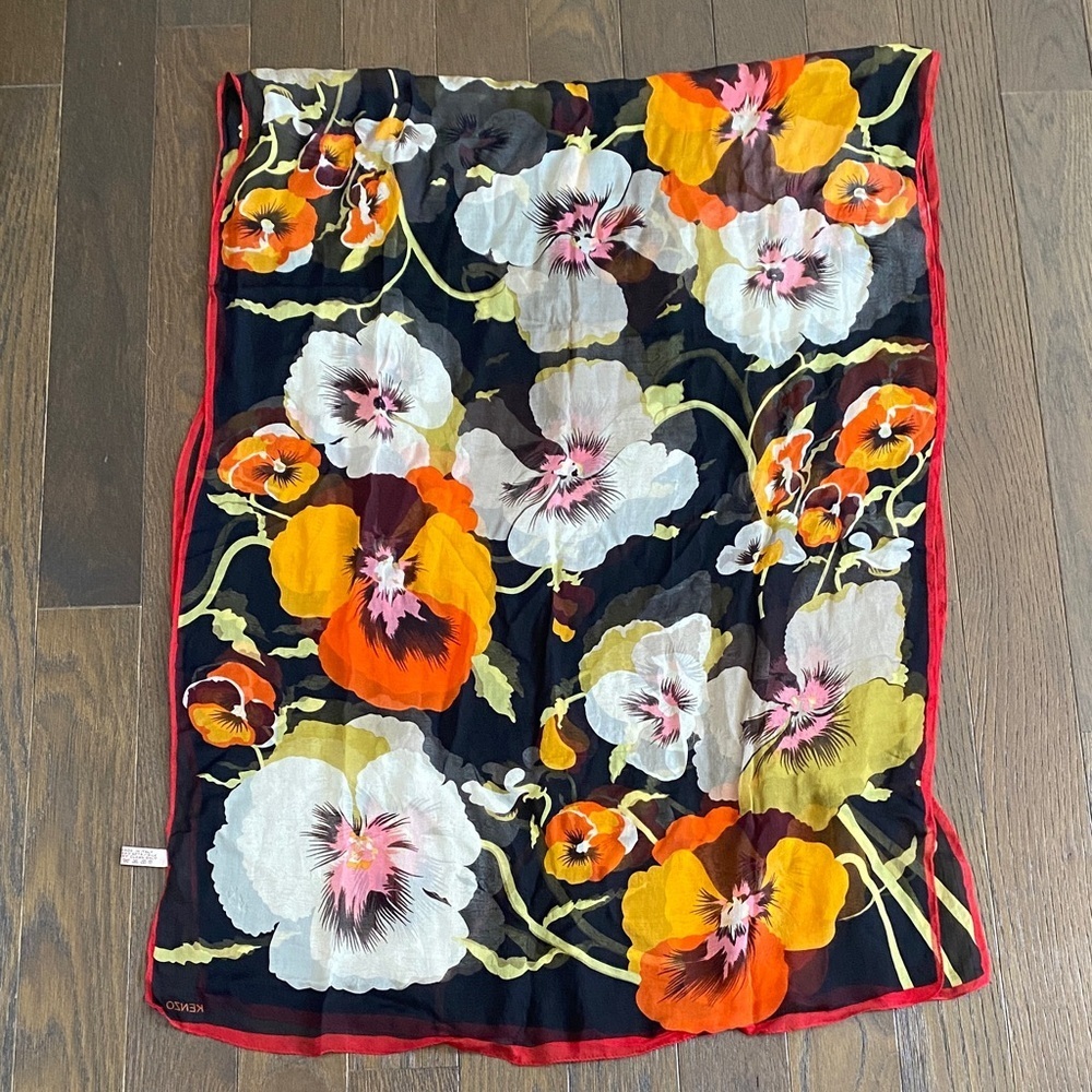 Authentic Kenzo Silk Black Scarf with Floral Design and Red Border - Picture 2 of 6